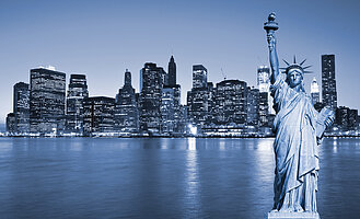 Manhattan Skyline and The Statue of Liberty at Night, New York City